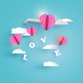 Abstract pink heart balloon carrying LOVE letter in blue sky with white clouds and frame. Happy valentines day