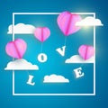 Abstract pink heart balloon carrying LOVE letter in blue sky with white clouds and frame.