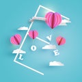 Abstract pink heart hot air balloons carrying LOVE letter in pale blue sky with white clouds Royalty Free Stock Photo