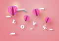 Abstract pink heart hot air balloons carrying LOVE letter in pink sky with white clouds