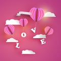Abstract pink heart hot air balloons carrying LOVE letter in pink sky with white clouds. Paper art.Happy valentines day Royalty Free Stock Photo