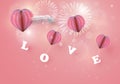 Abstract pink heart hot air balloons carrying LOVE letter in pink sky with white clouds. Paper art.Happy valentines day Royalty Free Stock Photo