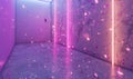 Abstract pink neon lights with floating particles in a futuristic corridor Royalty Free Stock Photo