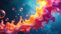 Abstract pink and orange swirling fluid forms with glowing bubbles in a deep blue background. Generative AI Royalty Free Stock Photo
