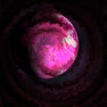 Abstract pink planet with bright pink parts in dark cosmos universe with stars. Glitch effect illustration of apocalyptic