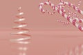 Abstract pink and rose gold christmas tree surounded by star,snow fake,candy cane, decoration scene,geometric podium and stage Royalty Free Stock Photo