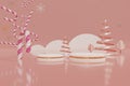 Abstract pink and rose gold christmas tree surounded by star,snow fake,candy cane, decoration scene,geometric podium and stage Royalty Free Stock Photo