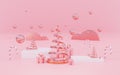 Abstract pink and rose gold christmas tree surrounded by floating circle,candy cane,gift box,decoration scene,geometric podium and Royalty Free Stock Photo