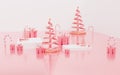 Abstract pink and rose gold christmas tree surrounded by floating circle,candy cane,gift box,decoration scene,geometric podium and Royalty Free Stock Photo