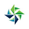 Abstract Pinwheel Logo Design Featuring Green and Blue Triangular Blades on a White Background Royalty Free Stock Photo