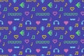Abstract pixel 90s style seamless pattern of bright multicolored old-fashioned icons from nineties on blue background