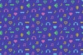 Abstract pixel 90s style seamless pattern of vibrant multicolored retro icons from nineties on blue background