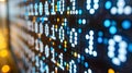 Abstract pixelated data stream with binary code and encryption concept, glowing red and blue dots Royalty Free Stock Photo