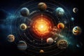 Abstract planet and space background. Astrology chart with stylized planetary alignment around. System of planets