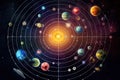 Abstract planet and space background. Astrology chart with stylized planetary alignment around. System of planets