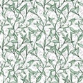 Abstract plants with green leaves and black and white dotted ornaments drawn on a light background, illustrations seamless pattern Royalty Free Stock Photo