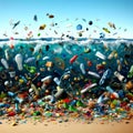 Abstract Plastic pollution trash with different kinds of garbage - plastic bottles, bags, wastes floating in water Royalty Free Stock Photo