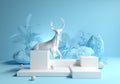 Abstract Platform with Deer in natural forest fashion design blue background, 3d illustration