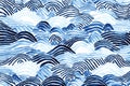Abstract playful hand drawn fine line watercolor stripes rolling hills landscape pattern in indigo blue and white