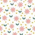 Abstract playful seamless patterns with vintage groovy daisy flowers.