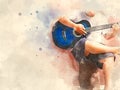 Abstract playing acoustic guitar watercolor painting background. Royalty Free Stock Photo