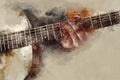 Abstract playing acoustic guitar watercolor painting background.