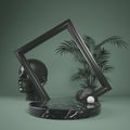 Abstract podium black marble stage for show product with black frame and leaf palm, 3d illustration