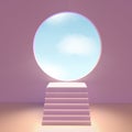 Abstract podium with a round window and a staircase to the sky. A pink room with a pedestal. 3D render Royalty Free Stock Photo