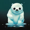 abstract polar bear cartoon illustration, bear with big eyes sitting on thin ice floe, ai generated image Royalty Free Stock Photo