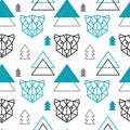 Abstract polygonal bear, mountain and forest seamless pattern background.