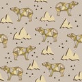 Vector seamless pattern with polygonal grizzly bears and mountains