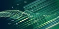Abstract polygonal futuristic background with wavy color grid, data and blurred lines on blue. Big Data. Banner for business,