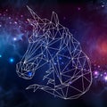 Abstract polygonal tirangle fantasy animal unicorn on open space background.