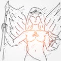 Abstract polygonal vector illustration of a woman with wings and a crow. Goddess with a spear and a bird concept art.