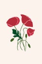 Abstract poppy flower with leaves, stem and bud drawn in a minimalist style. Flat geometric shapes in trending design