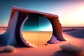 abstract portal with giant doors in the middle of the desert, sunset, blue sky , AI generated illustration