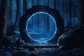 Abstract portal stone gate with neon circle glowing light in the dark wood forest space landscape of cosmic, rocky mountain stone