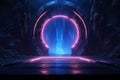 Abstract portal stone gate with neon glowing light in the dark space landscape of cosmic, rocky mountain stone field, spectrum Royalty Free Stock Photo
