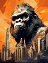 Gorilla on the streets of metropolis in psychedelic vector pop art style
