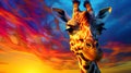 An abstract portrait of an anthropomorphic giraffe drawn against a bright sunset