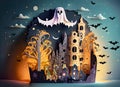 Abstract Portrait building of a city scape with a luminous dress, paper cut, halloween on digital art concept, Generative AI