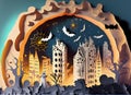 Abstract Portrait building of a city scape with a luminous dress, paper cut, halloween on digital art concept, Generative AI