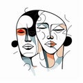 Abstract Portrait Man And Woman: Ritualistic Masks In Vector Illustration