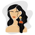 Abstract portrait of dark-haired woman. Brunette girl with bright beautiful with earrings. Flat disign.