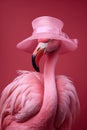 Abstract portrait of a flamingo in pink suit, with pink hat. Fashion, summer, fun concept. Ai generative. illustration Royalty Free Stock Photo