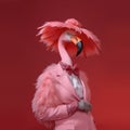 Abstract portrait of a flamingo in pink suit, with pink hat. Fashion, summer, fun concept. Ai generative. illustration Royalty Free Stock Photo