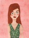 Abstract portrait of a red-haired girl in a green dress. Royalty Free Stock Photo