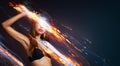 Abstract portrait of young woman performing fire show Royalty Free Stock Photo