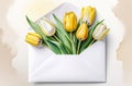 abstract post card flat lay with white and yellow tulips in an envelope over neutral background