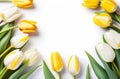 abstract post card flat lay with white and yellow tulips over neutral background